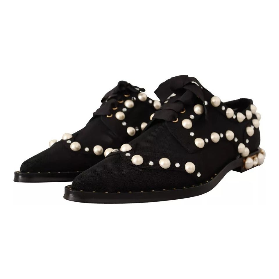Dolce & Gabbana Black Lace Up Jewelled Formal Flats Shoes