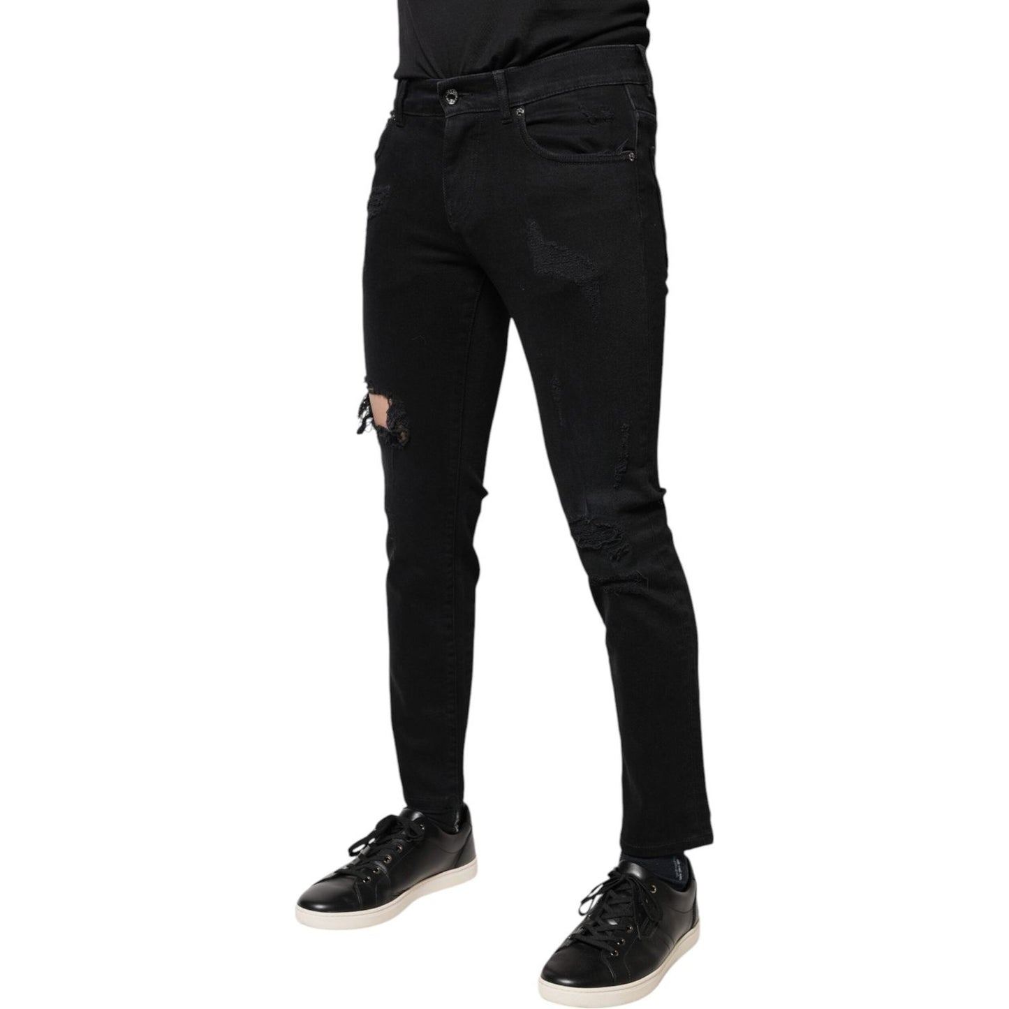 Dolce & Gabbana Black Cotton Tattered Skinny Denim Logo Jeans PAN75901-46