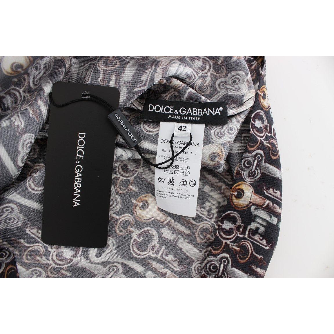 Dolce & Gabbana Gray Gold Key Print Silk Blouse T-shirt SIG13325-4