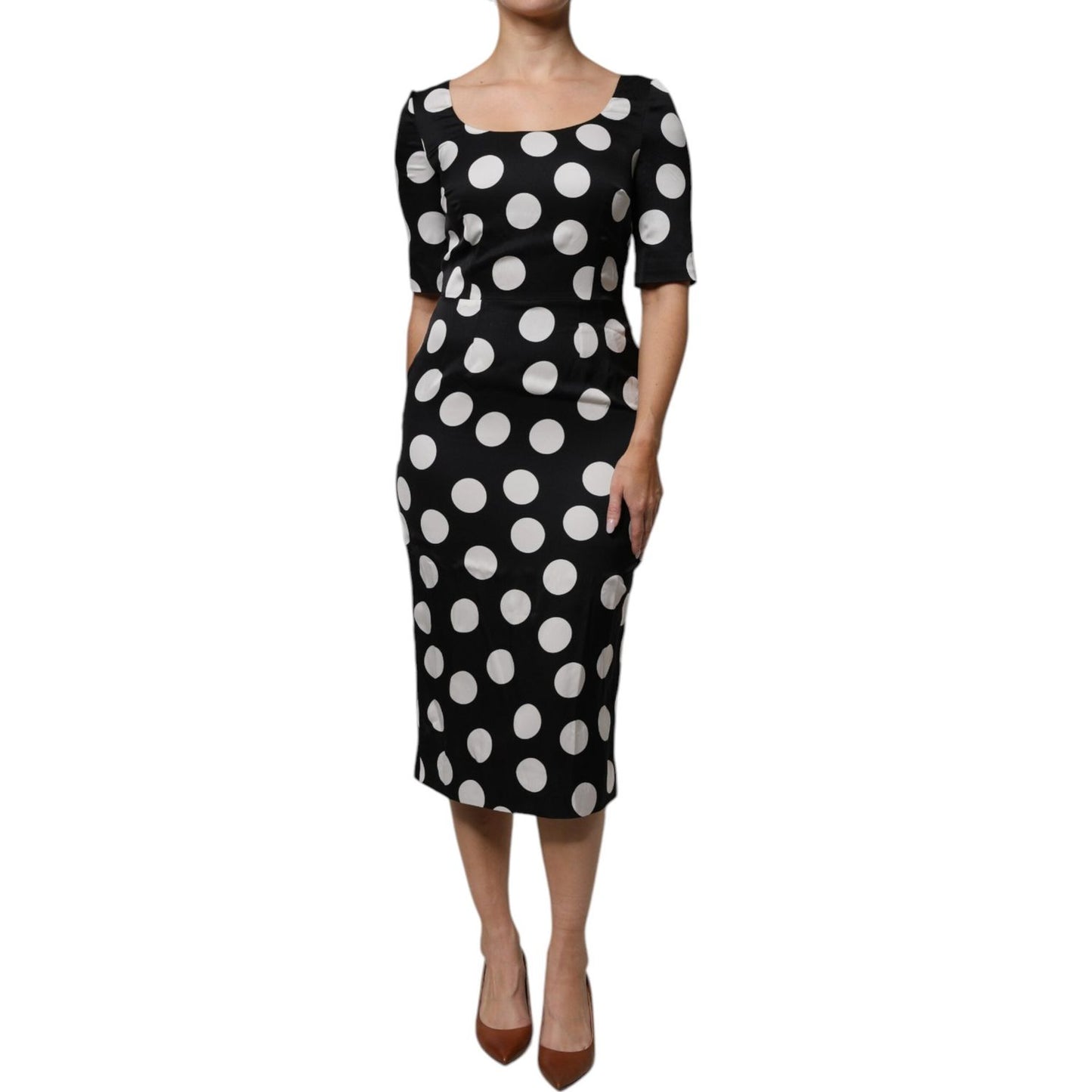 Dolce & Gabbana Black White Silk Polka Dots Sheath Midi Dress DR281340-42