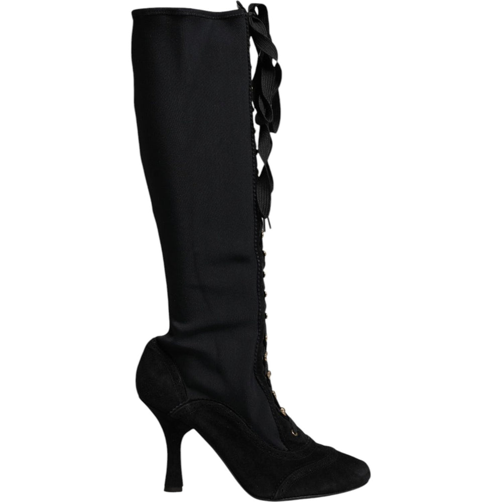 Dolce & Gabbana Black Lace Up Heels High Boots Shoes LA12500-39