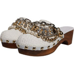 Dolce & Gabbana White Raffia Clogs Bejeweled Chain Sandals Shoes LA12502-35.5
