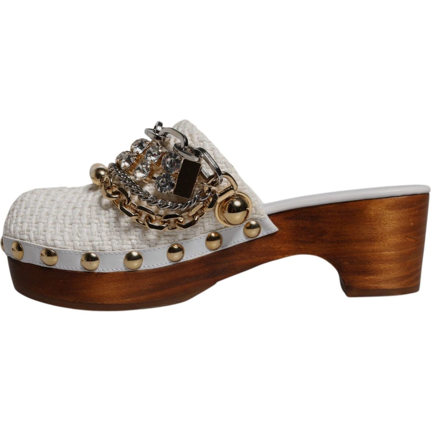 Dolce & Gabbana White Raffia Clogs Bejeweled Chain Sandals Shoes LA12502-35.5
