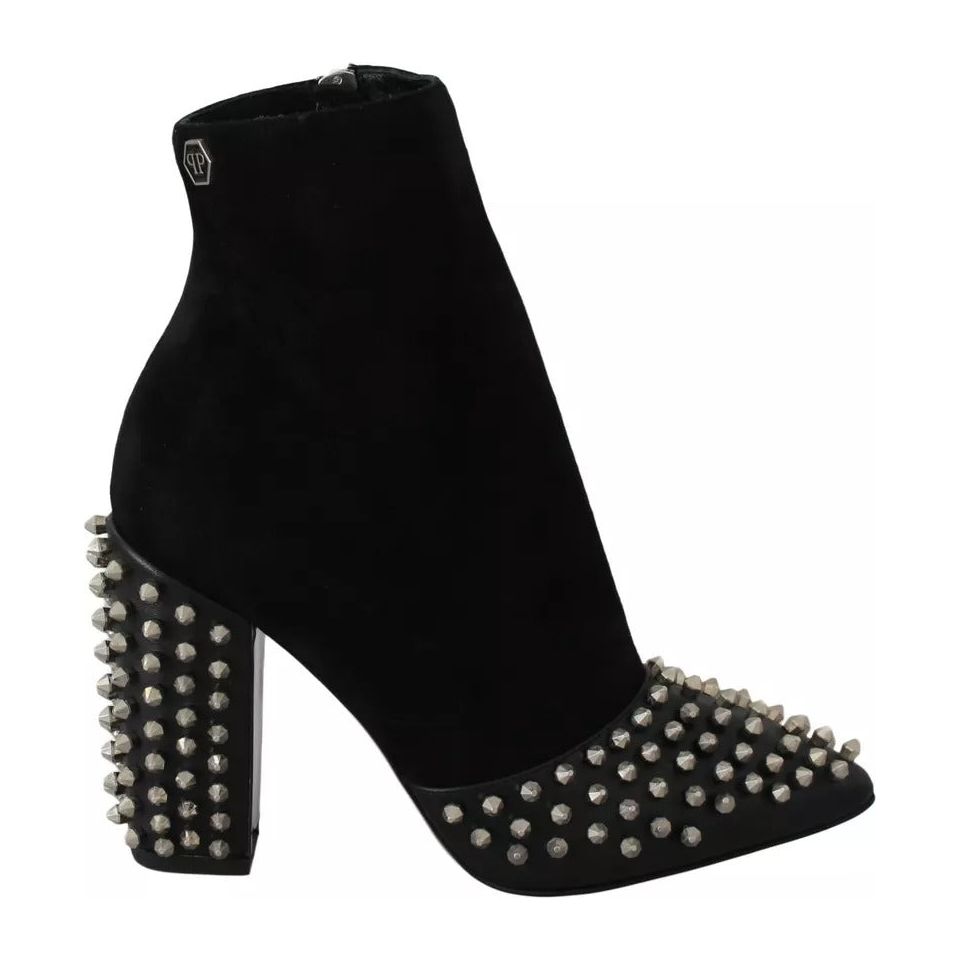 Philipp Plein Black Suede Studded Heels Ankle Boots Shoes LA6120-36