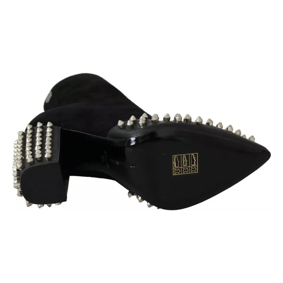 Philipp Plein Black Suede Studded Heels Ankle Boots Shoes LA6120-36