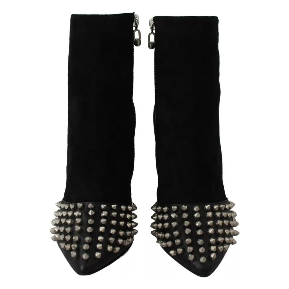 Philipp Plein Black Suede Studded Heels Ankle Boots Shoes LA6120-36