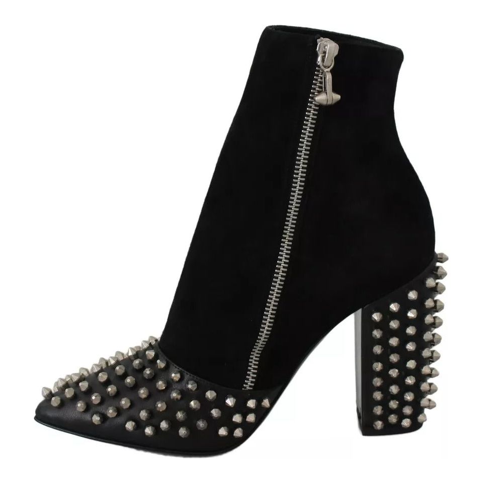 Philipp Plein Black Suede Studded Heels Ankle Boots Shoes LA6120-36