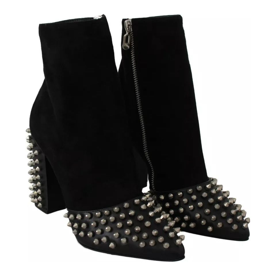 Philipp Plein Black Suede Studded Heels Ankle Boots Shoes LA6120-36