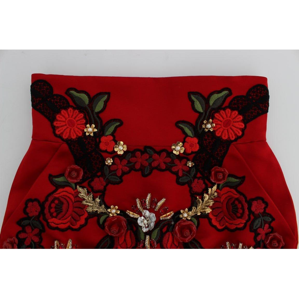 Dolce & Gabbana Red Silk Crystal Roses Shorts SIG20117-1