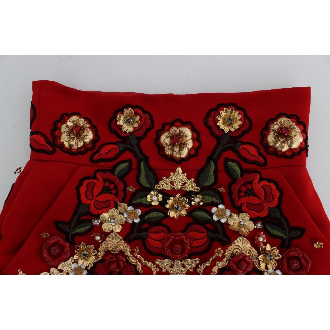 Dolce & Gabbana Red Silk Crystal Roses Shorts SIG20120-3