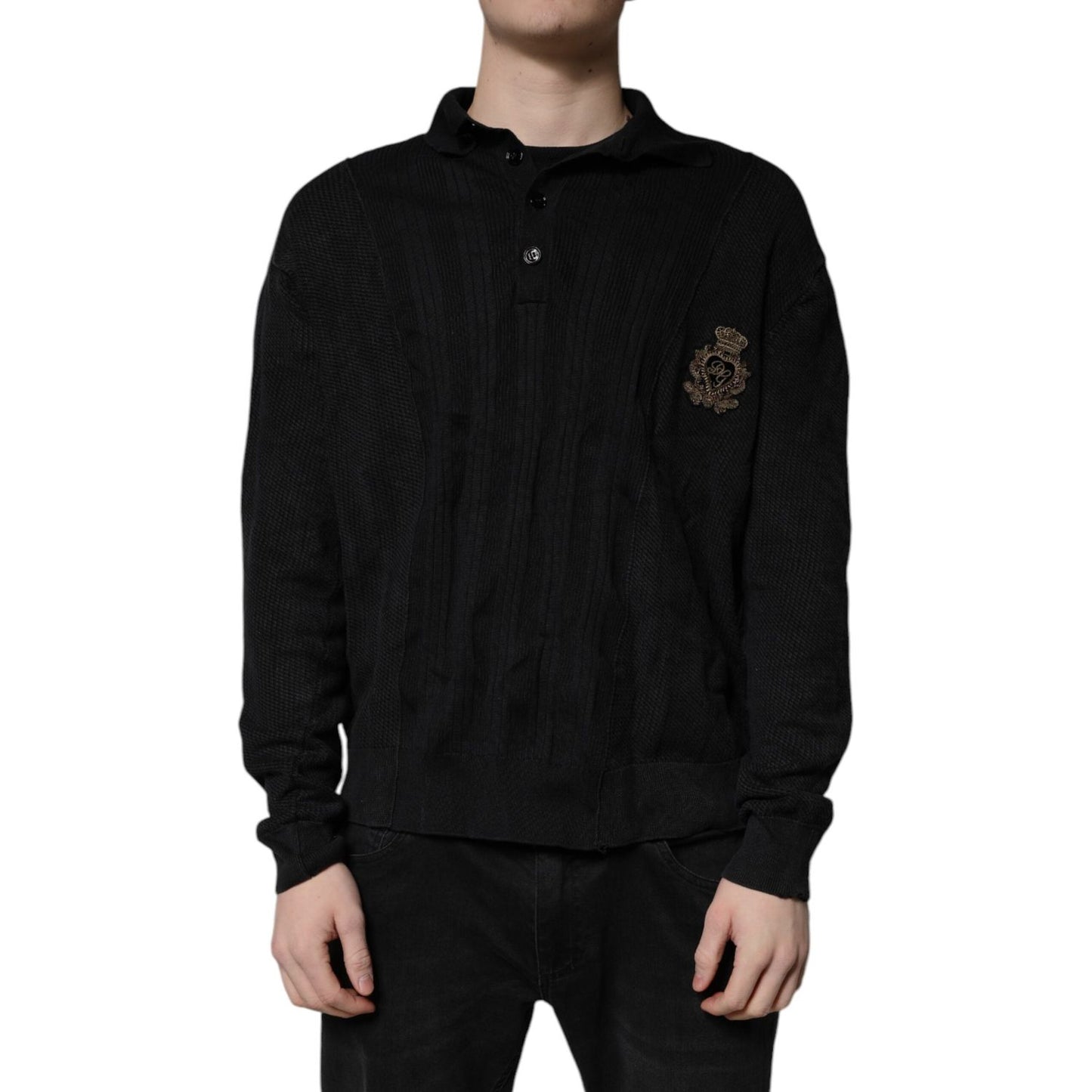 Dolce & Gabbana Black Heraldic Silk Buttoned Pullover Sweater 405693367669-48