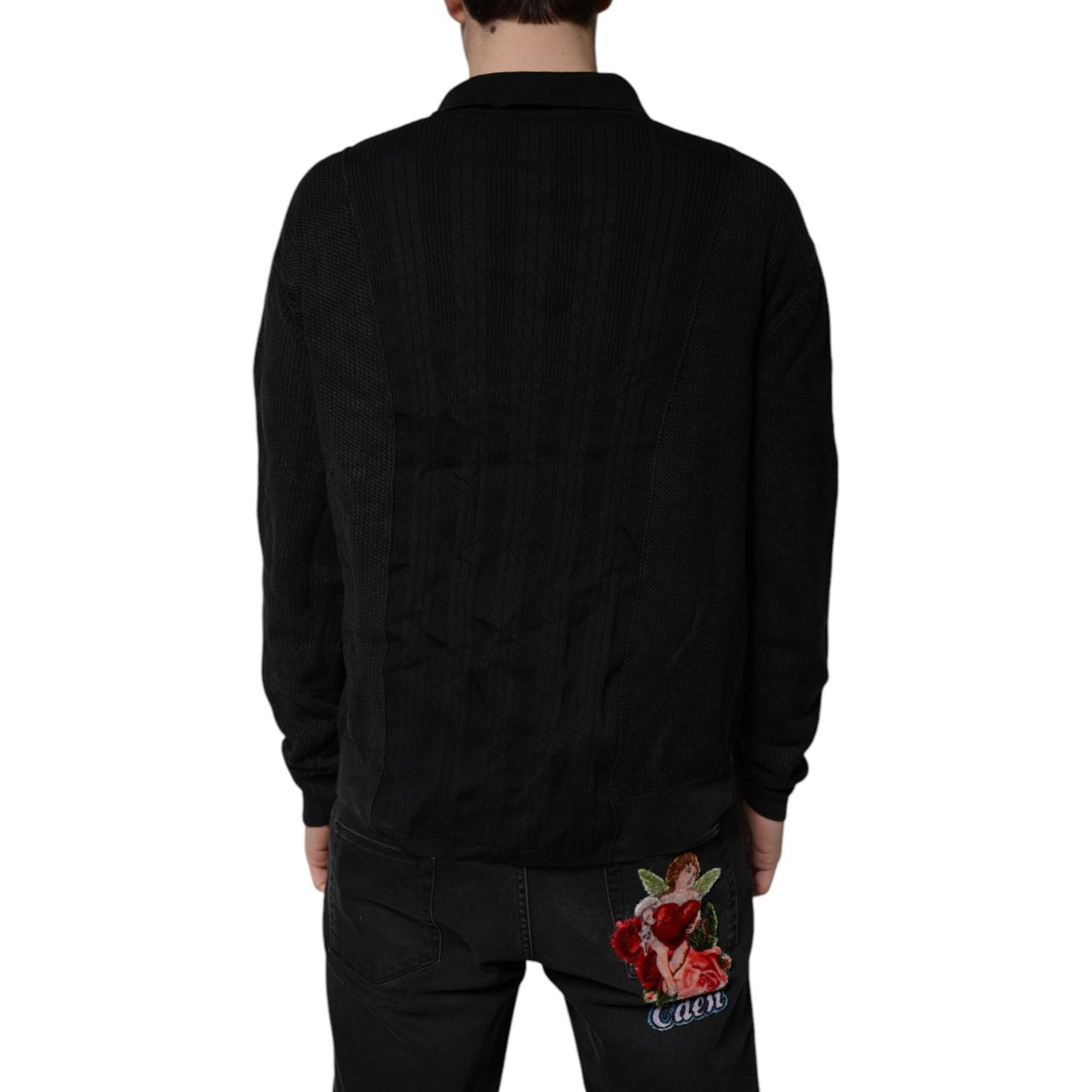 Dolce & Gabbana Black Heraldic Silk Buttoned Pullover Sweater 405693367669-48