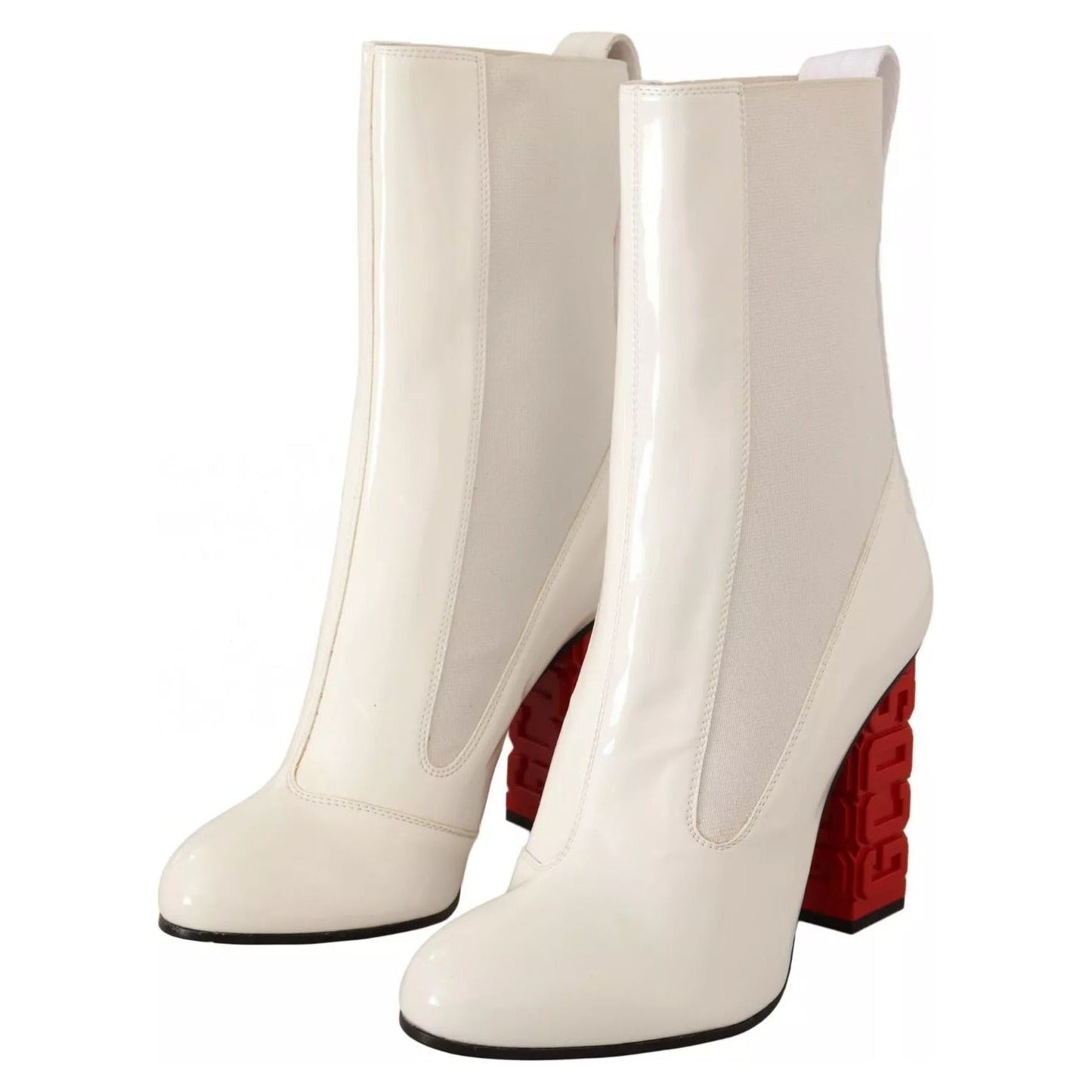 GCDS White Leather Fabric Red Logo Heel Ankle Boots Shoes LA9427-36