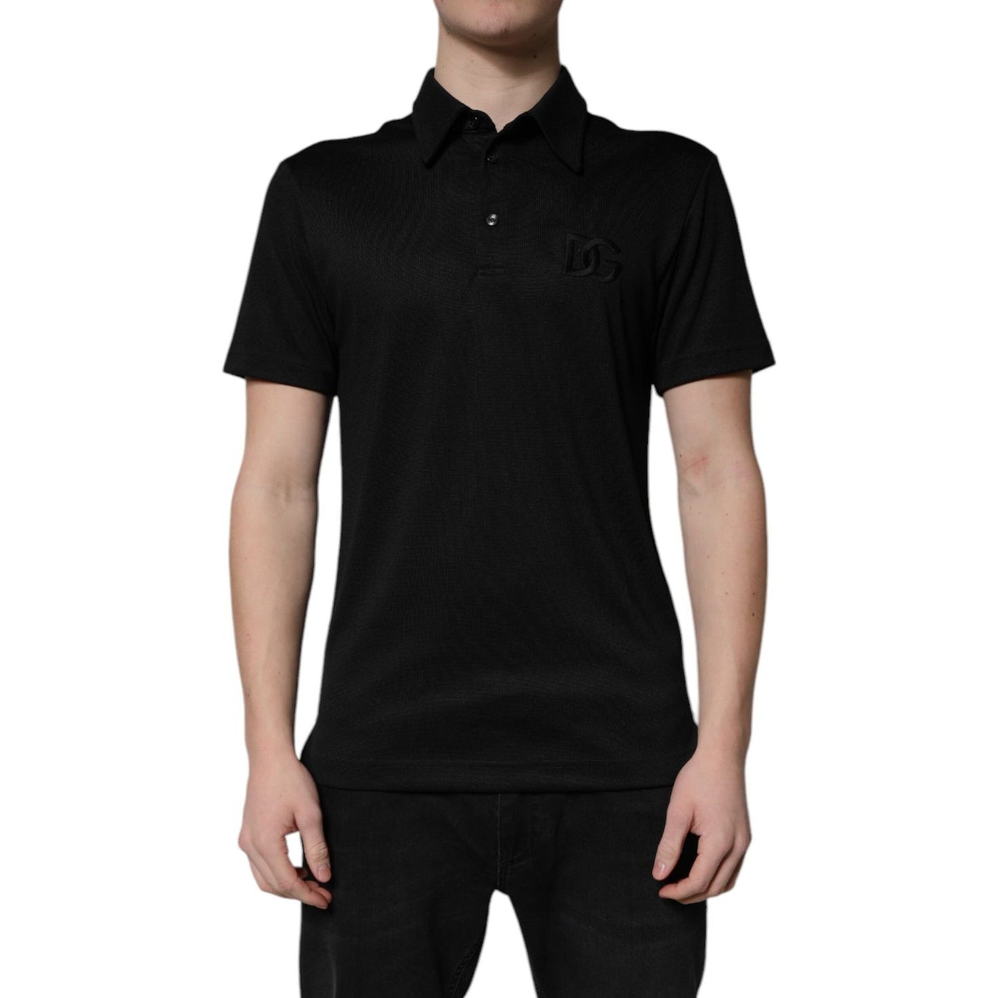 Dolce & Gabbana Black Polyester DG Logo Collared Polo T-shirt TSH90028-44