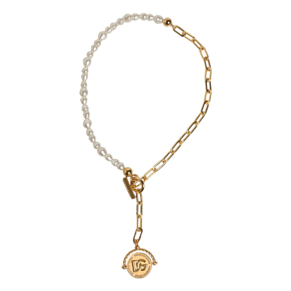 Dolce & Gabbana Gold Chain Brass Faux Pearl Charm Logo Pendant Necklace SMY10460