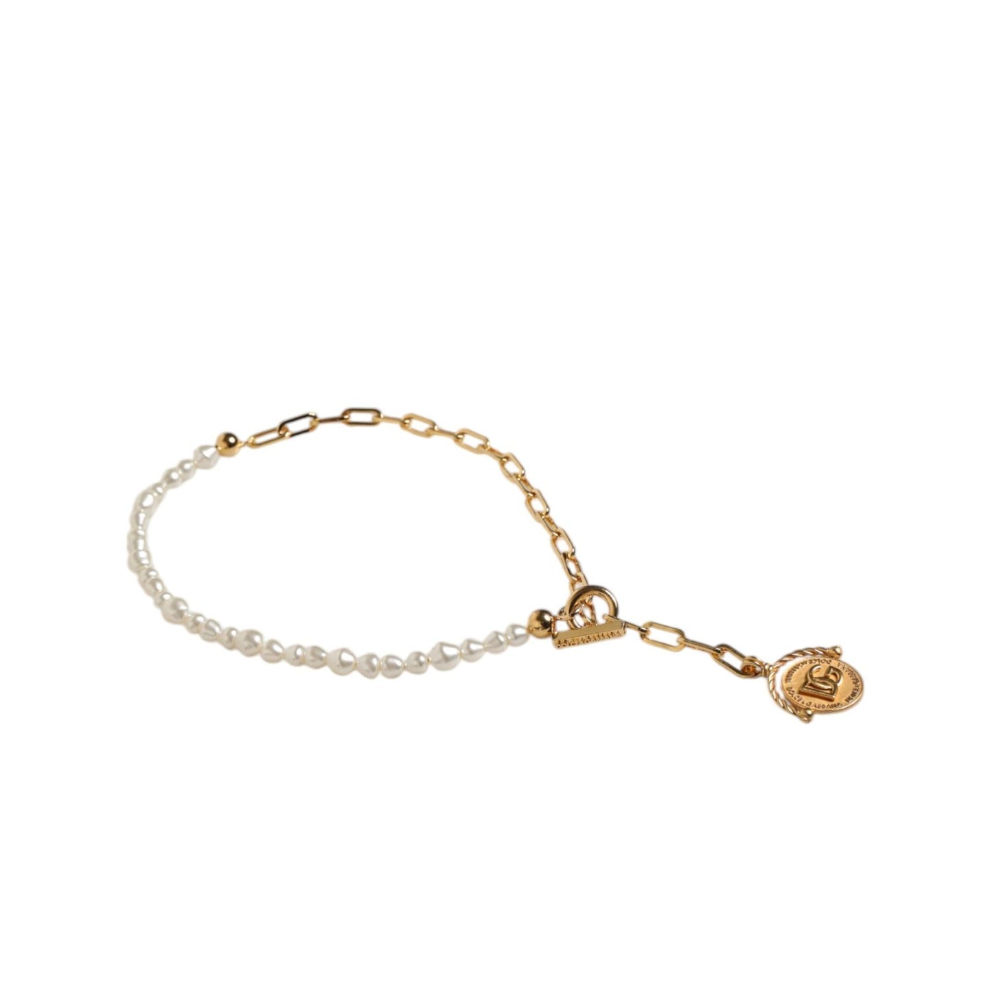 Dolce & Gabbana Gold Chain Brass Faux Pearl Charm Logo Pendant Necklace SMY10460