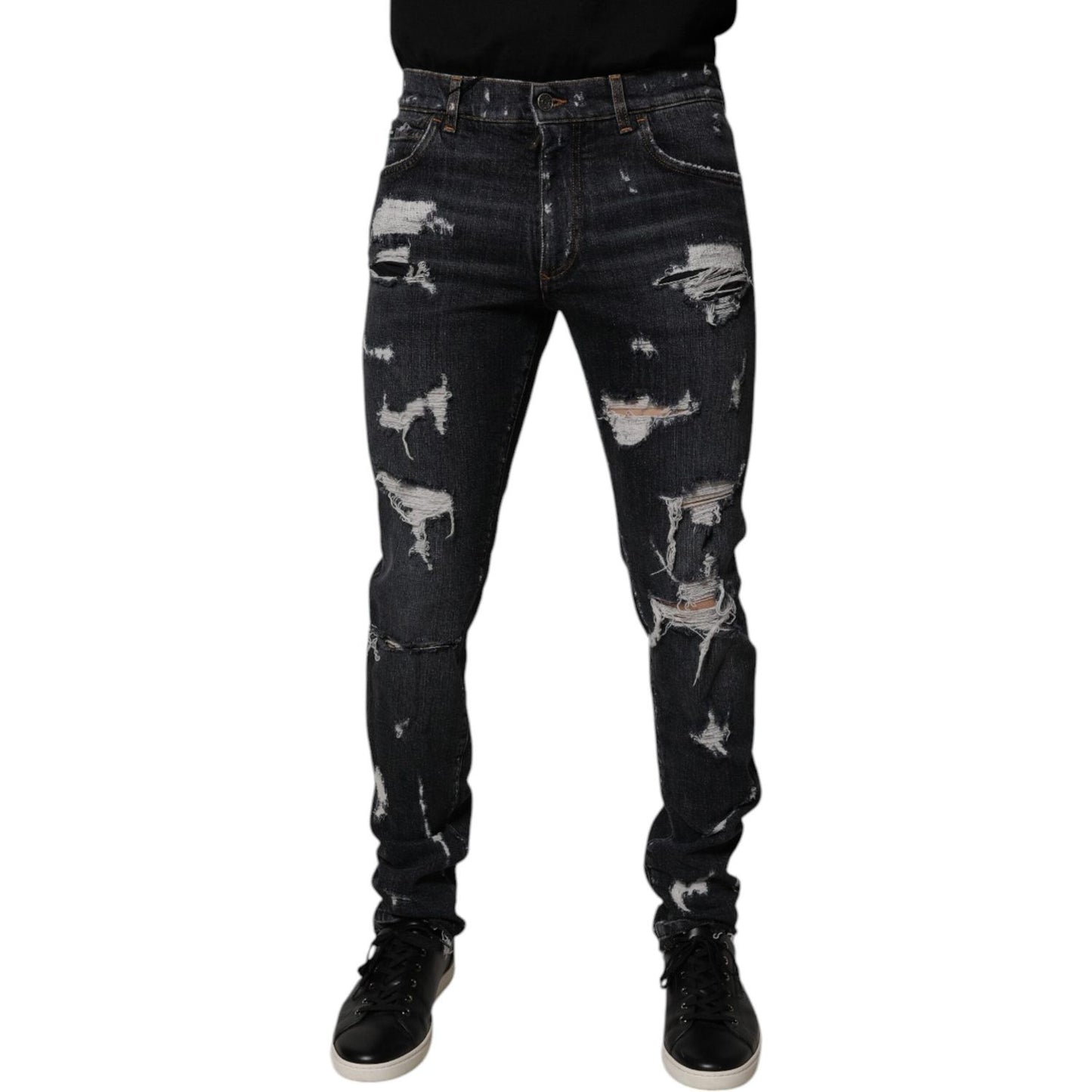 Dolce & Gabbana Black Tattered Cotton Skinny Men Denim Jeans PAN75182-48