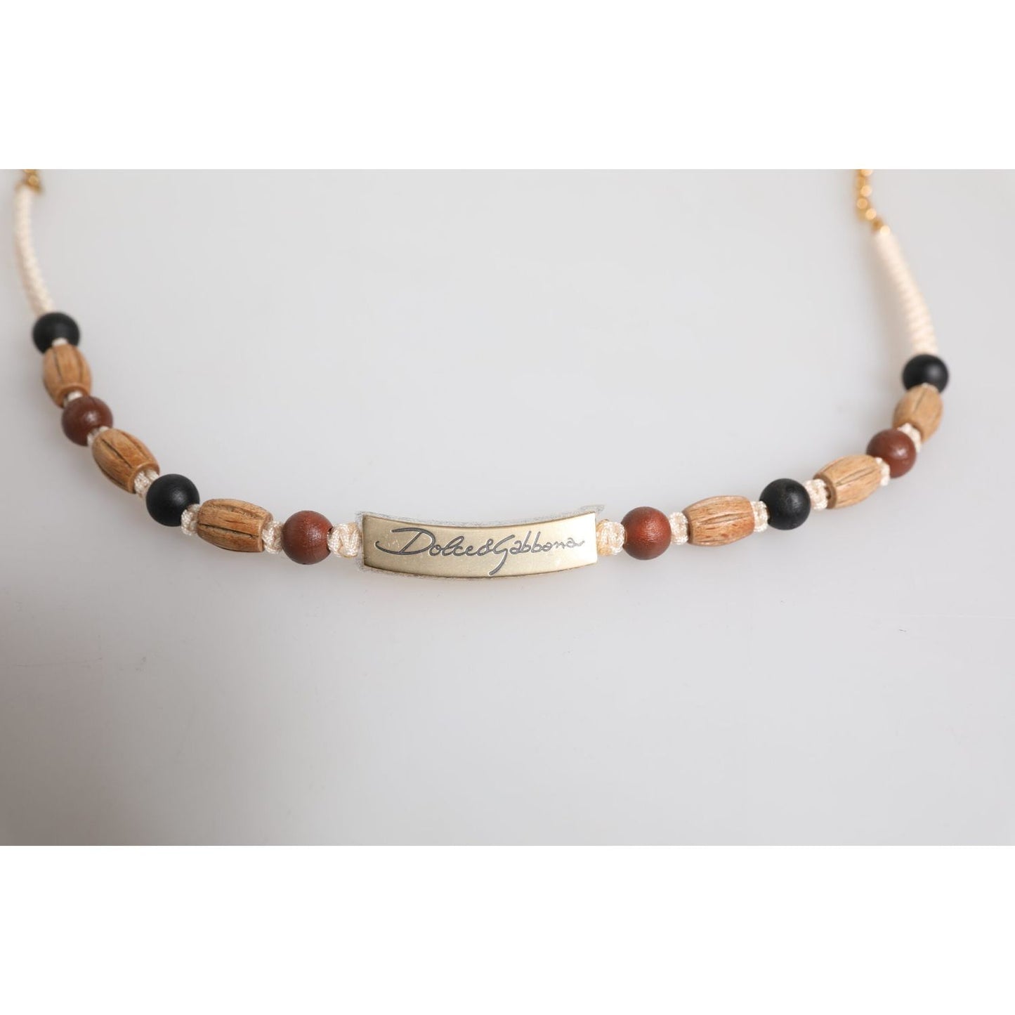 Dolce & Gabbana Black Gold Wooden Beaded Logo Pendant Necklace SMY10687