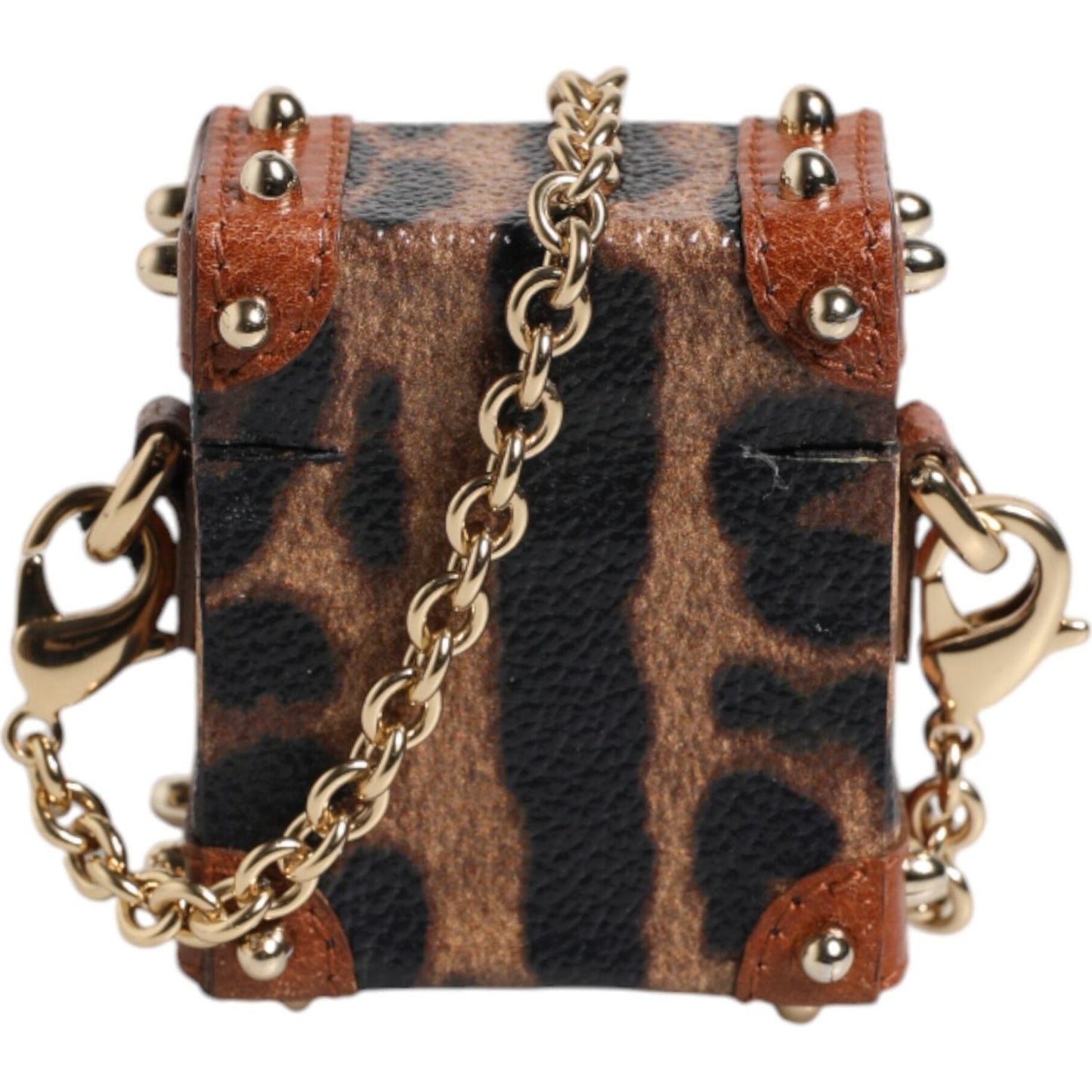 Dolce & Gabbana Brown Leopard Metal Logo Plaque Gold Chain Airpods Case SMY10661
