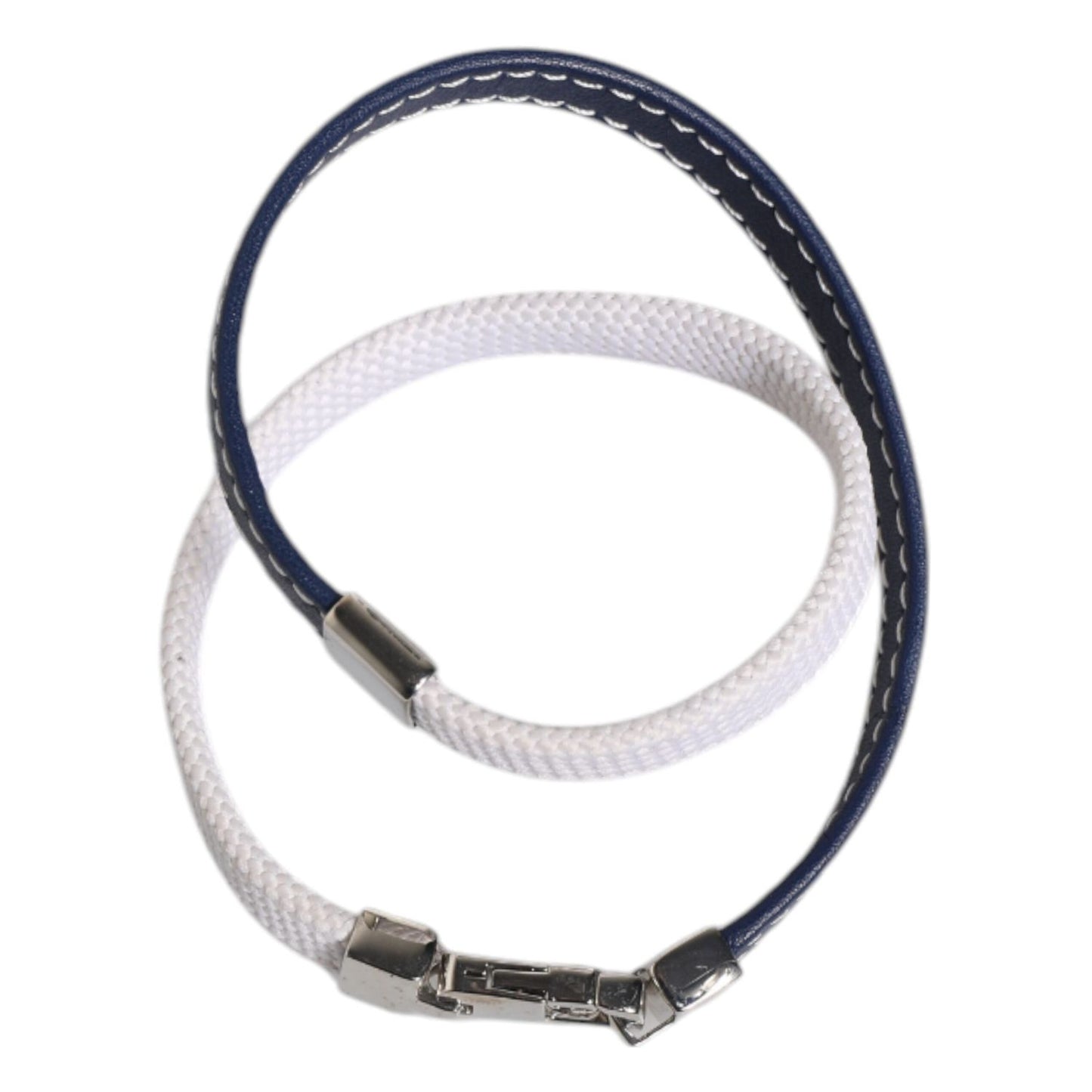 Dolce & Gabbana Blue White Leather Trimmed DG Engraved Silver Tone Clasp Bracelet SMY10689