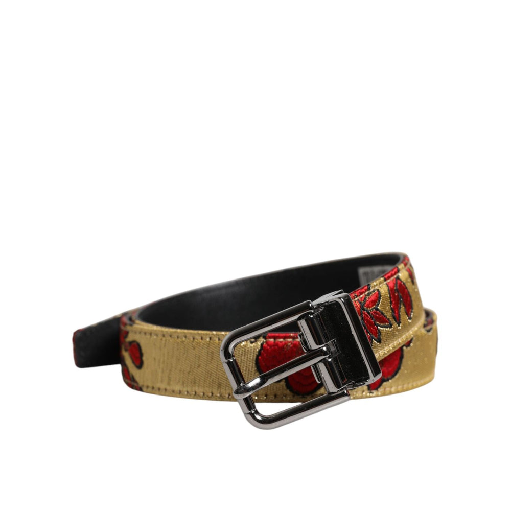 Dolce & Gabbana Gold Floral Jacquard Leather Metal Buckle Belt BEL9355-90