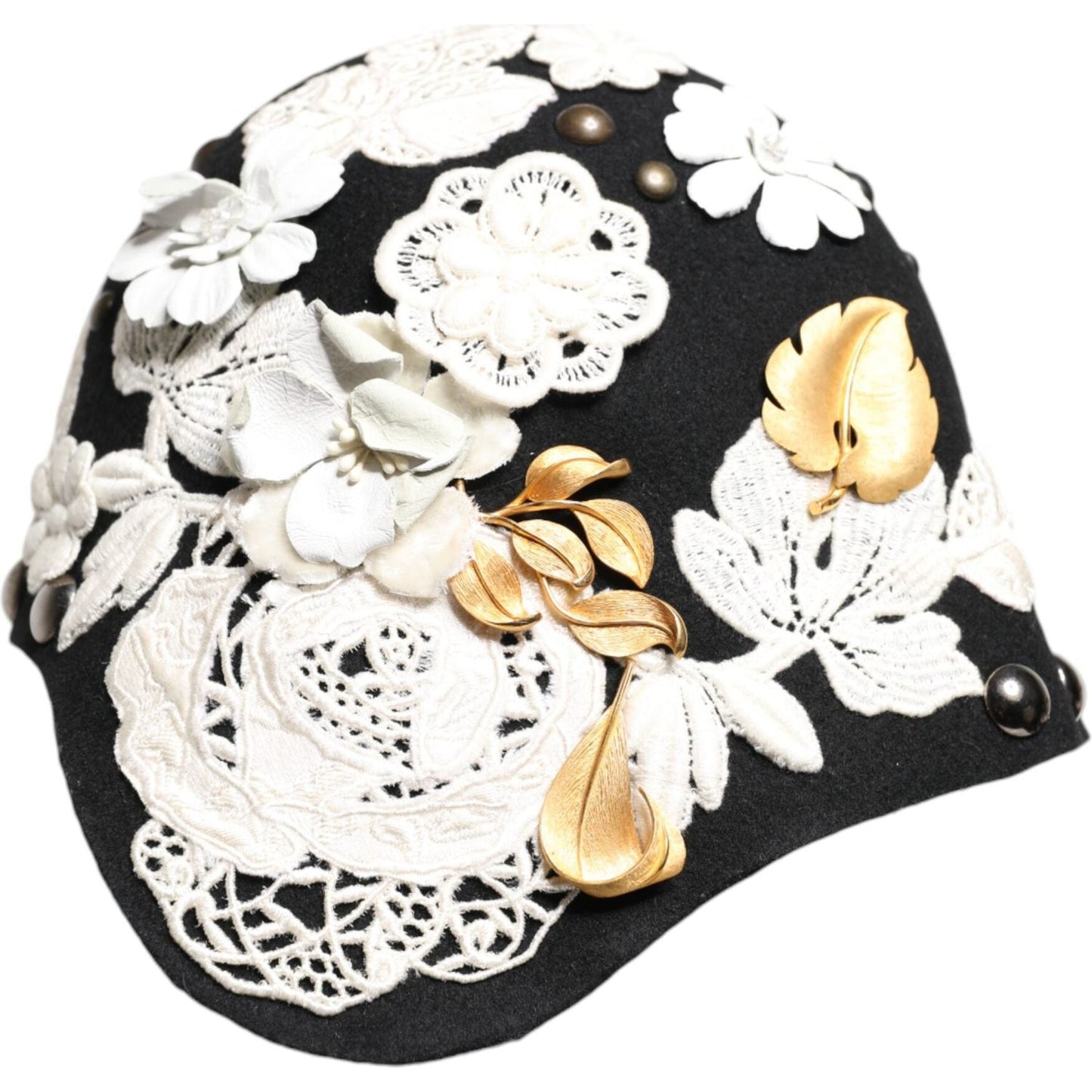Dolce & Gabbana Black Wool White Floral Gold Leaf Cloche Hat Dolce & Gabbana Antique White