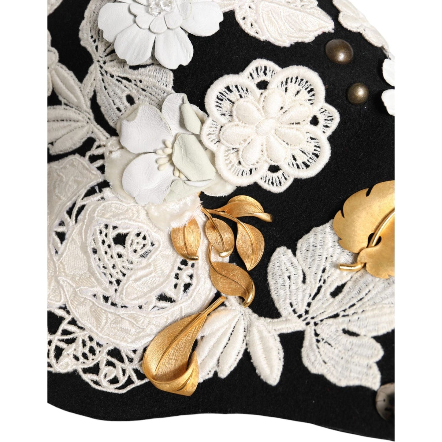 Dolce & Gabbana Black Wool White Floral Gold Leaf Cloche Hat Dolce & Gabbana Black