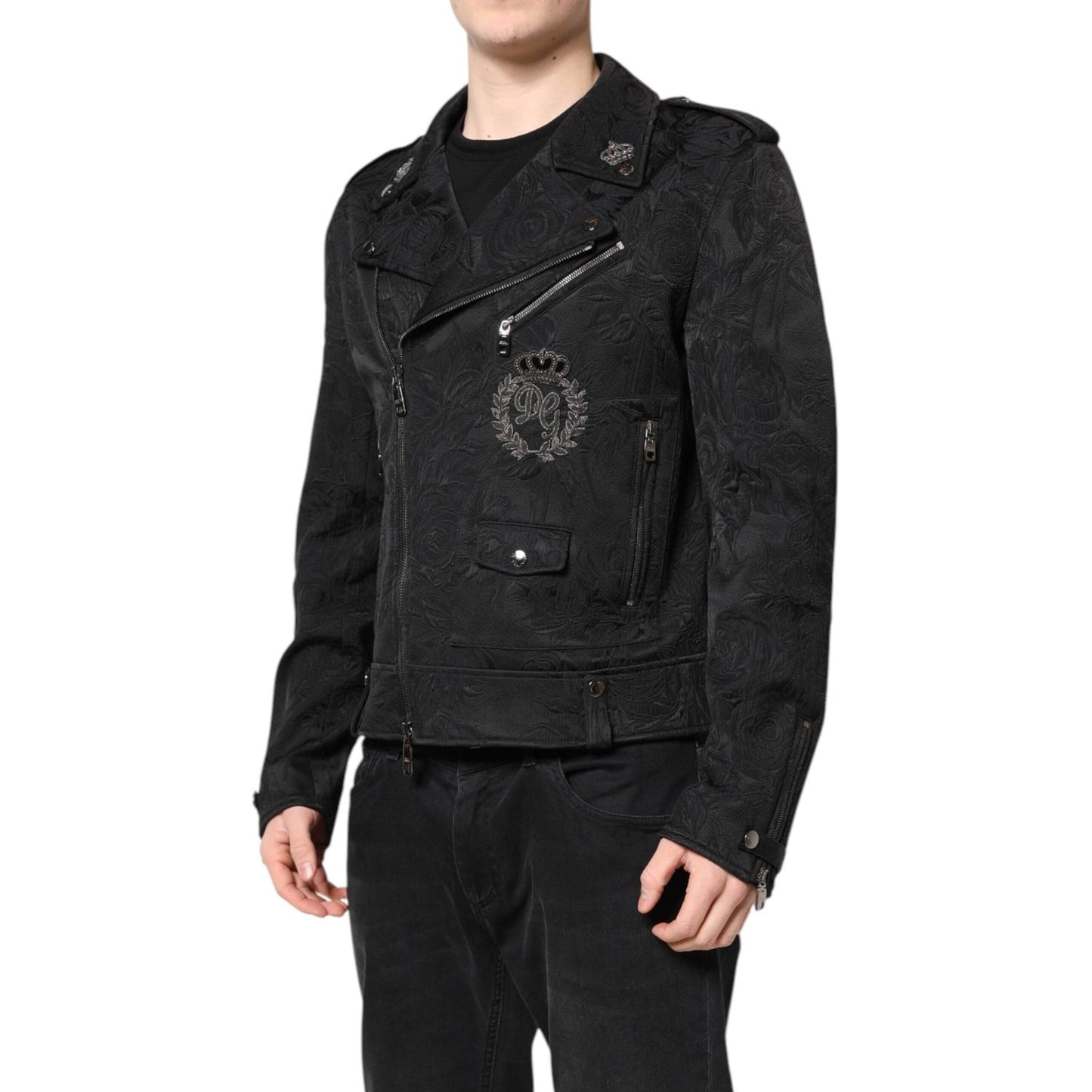 Dolce & Gabbana Black Brocade Cotton Full Zip Biker Jacket JKT4187-50