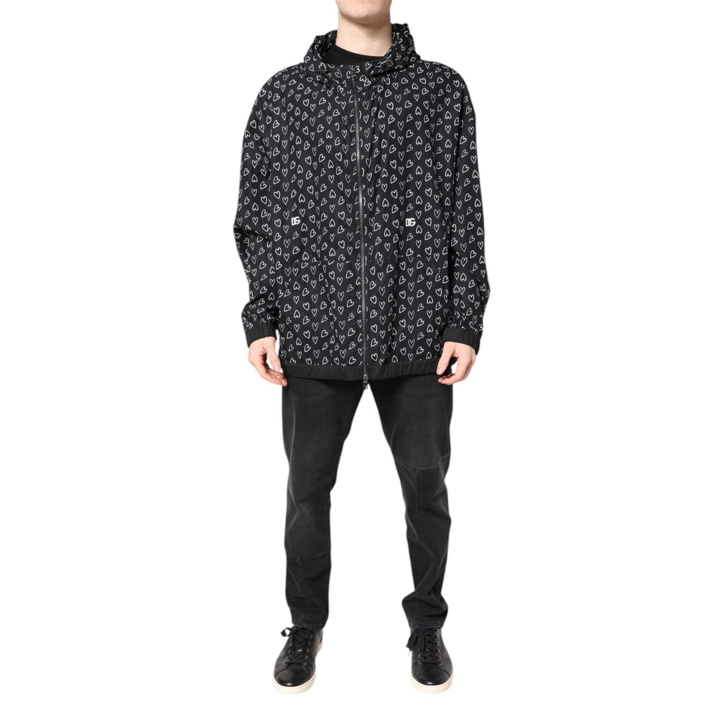Dolce & Gabbana Black Heart Print Hooded Windbreaker Jacket JKT41420-52