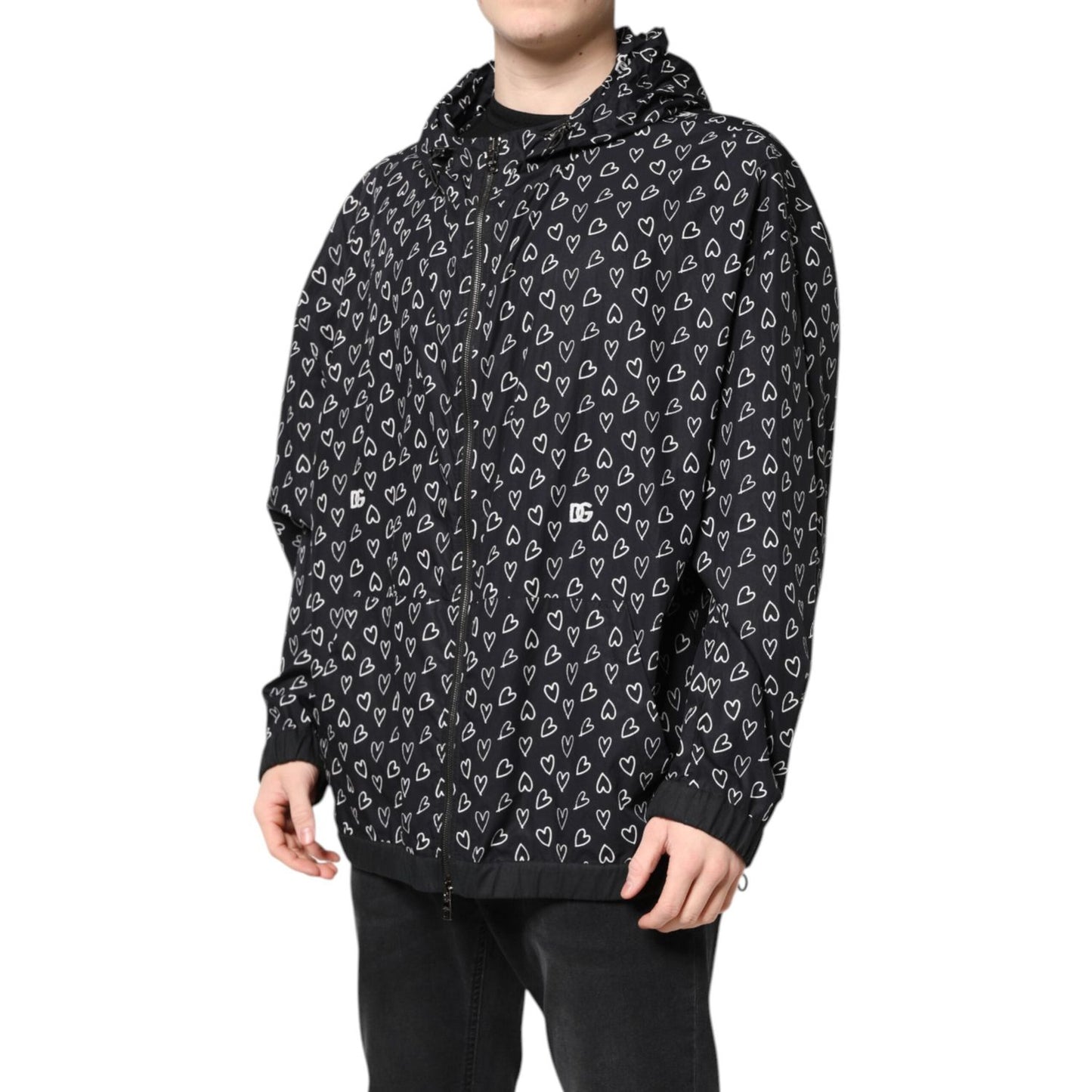 Dolce & Gabbana Black Heart Print Hooded Windbreaker Jacket JKT41420-52