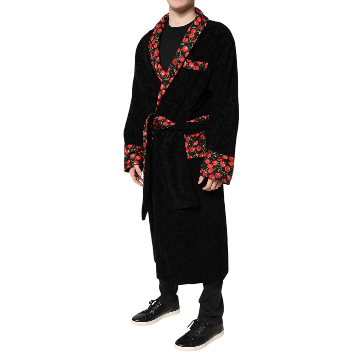 Dolce & Gabbana Black Cherry Print Wrap Robe Men Coat Jacket JKT41425-48