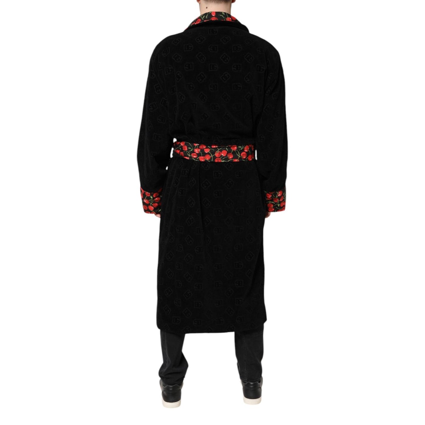 Dolce & Gabbana Black Cherry Print Wrap Robe Men Coat Jacket JKT41425-48