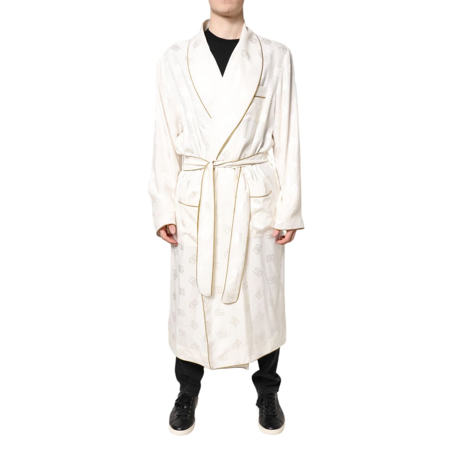 Dolce & Gabbana Ivory Silk Logo Men Wrap Robe Coat Jacket JKT41426-52