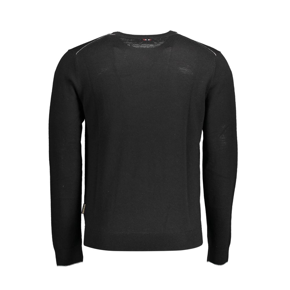 Napapijri Black Wool Men Sweater, back view showcasing elegance and luxury with sleek black wool and subtle logo embroidery.