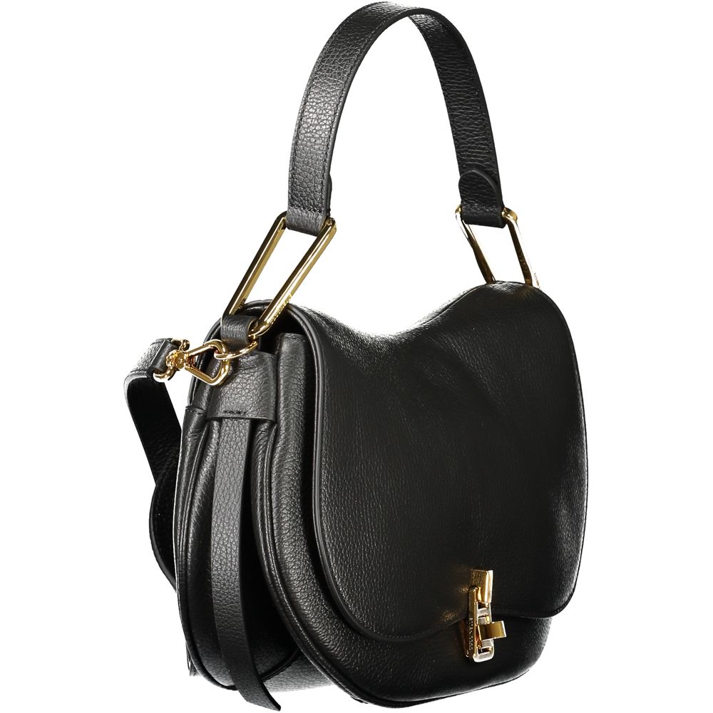 Coccinelle Black Leather Women Handbag with gold swivel closure and shoulder handle, featuring chic design and practical internal pockets.