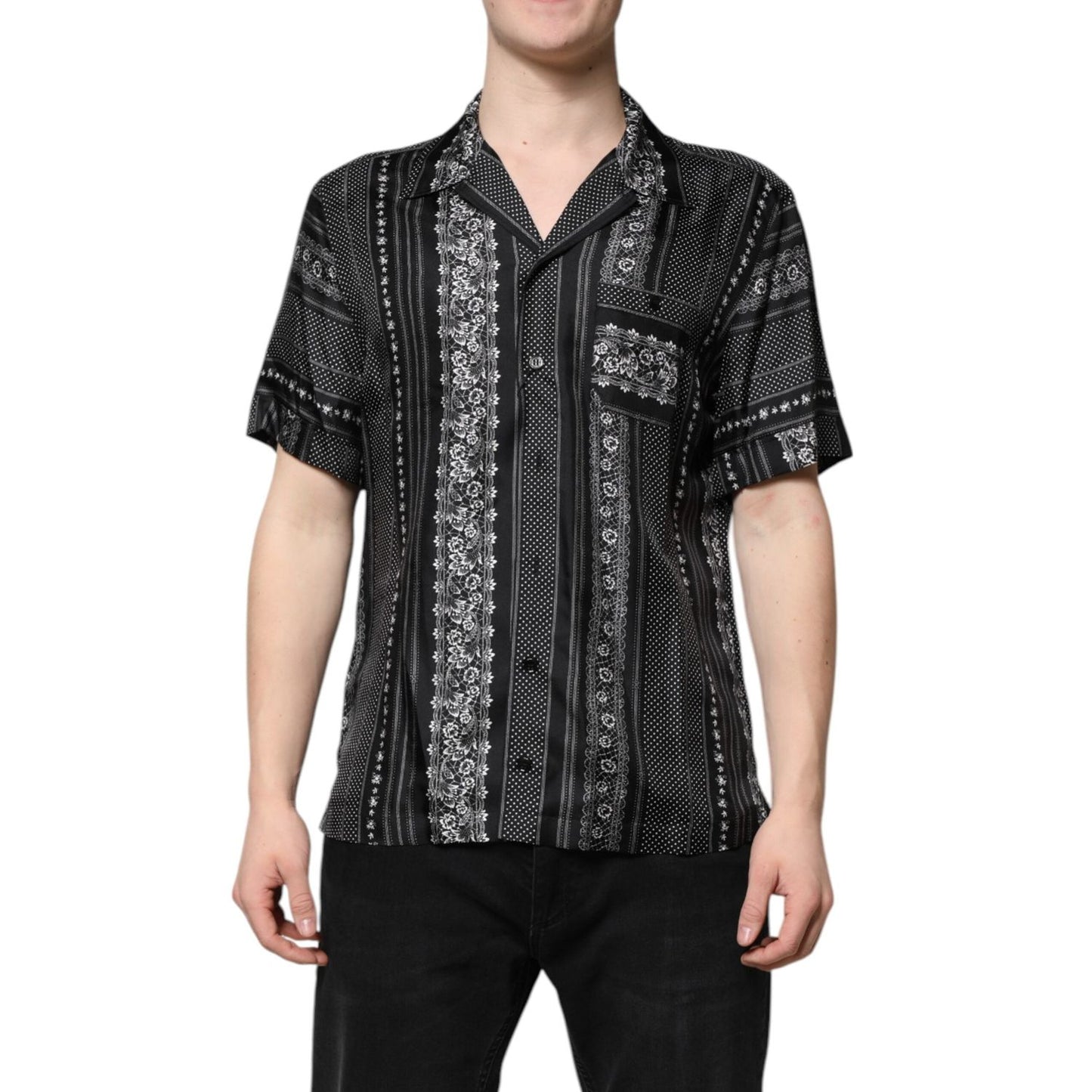 Dolce & Gabbana Black Silk Floral Print Short Sleeves Shirt TSH90450-37