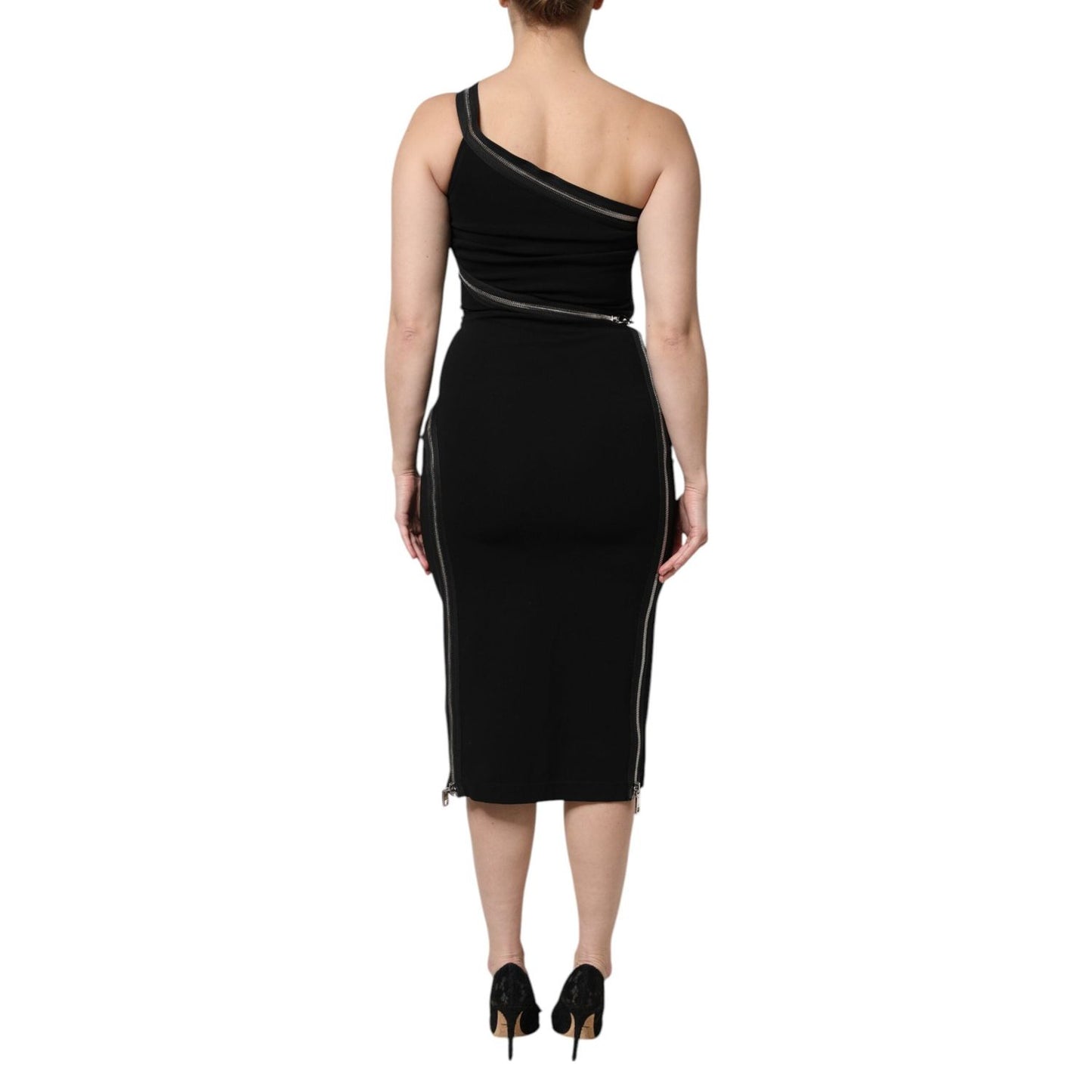Dolce & Gabbana Black Viscose One Shoulder Zipper Sheath Dress