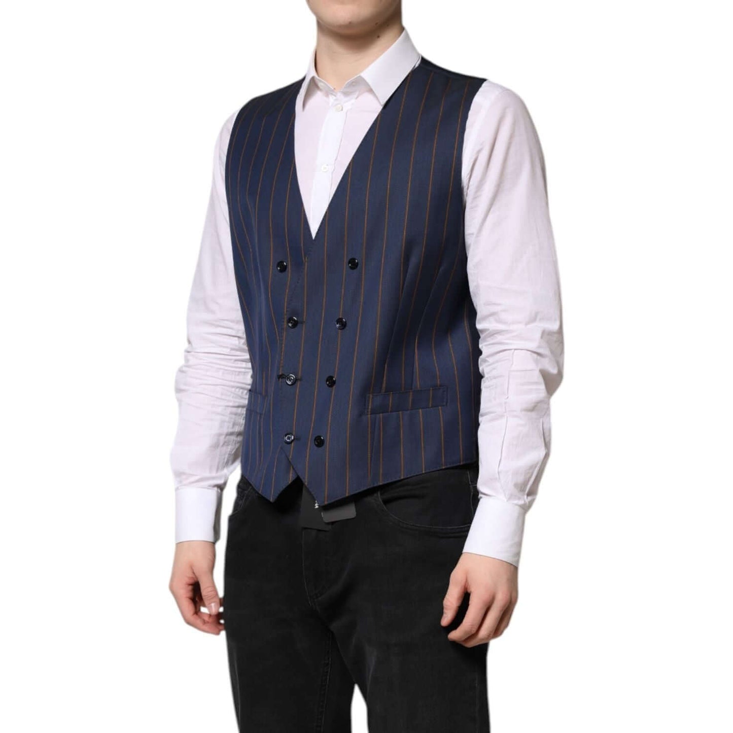 Dolce & Gabbana Blue Stripes Wool Formal Men Waistcoat Vest TSH90464-52