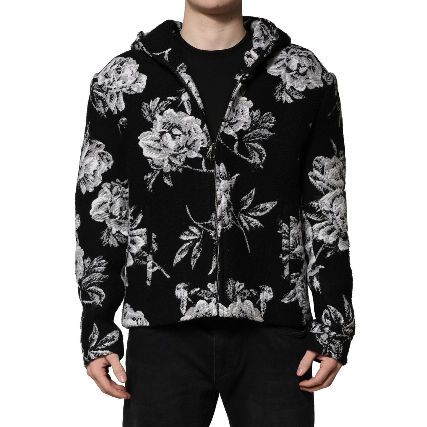 Dolce & Gabbana Black Wool Floral Printed Men Hooded Jacket JKT41450-48