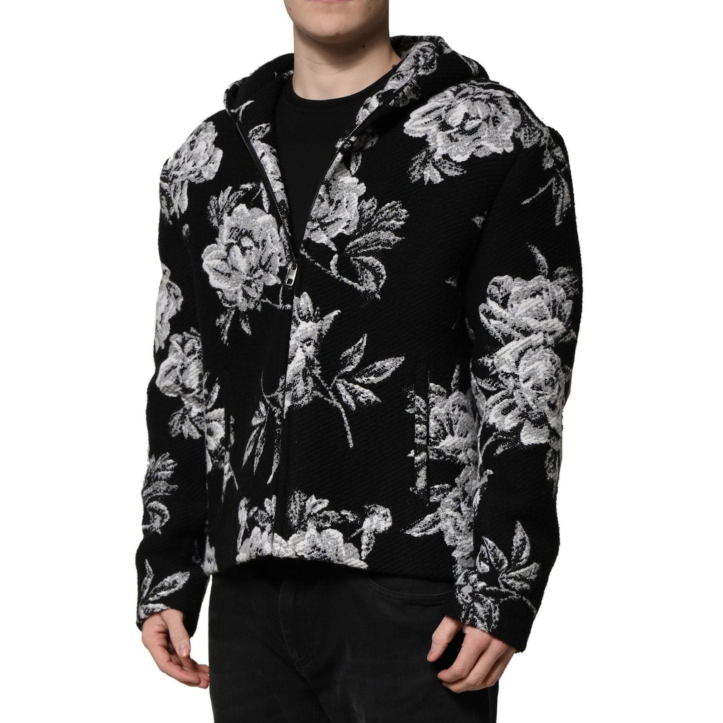 Dolce & Gabbana Black Wool Floral Printed Men Hooded Jacket JKT41450-48