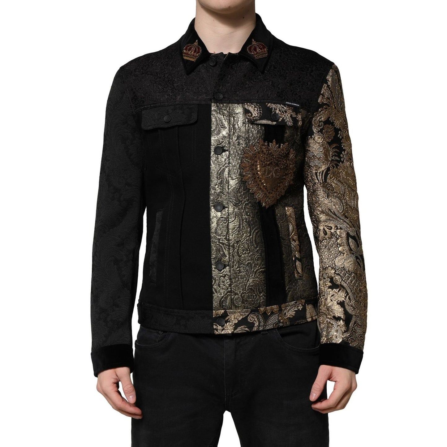 Dolce & Gabbana Black Gold Floral Jacquard Men Biker Jacket JKT41451-50