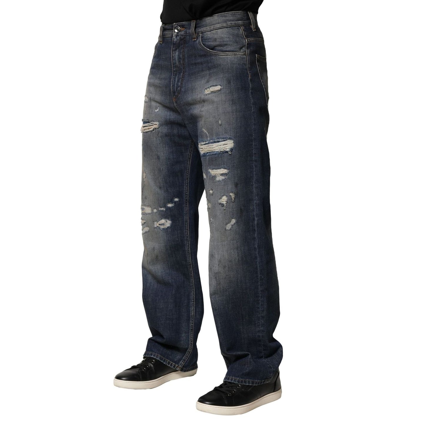 Dolce & Gabbana Blue Washed Tattered Cotton Men Jeans PAN76448-44