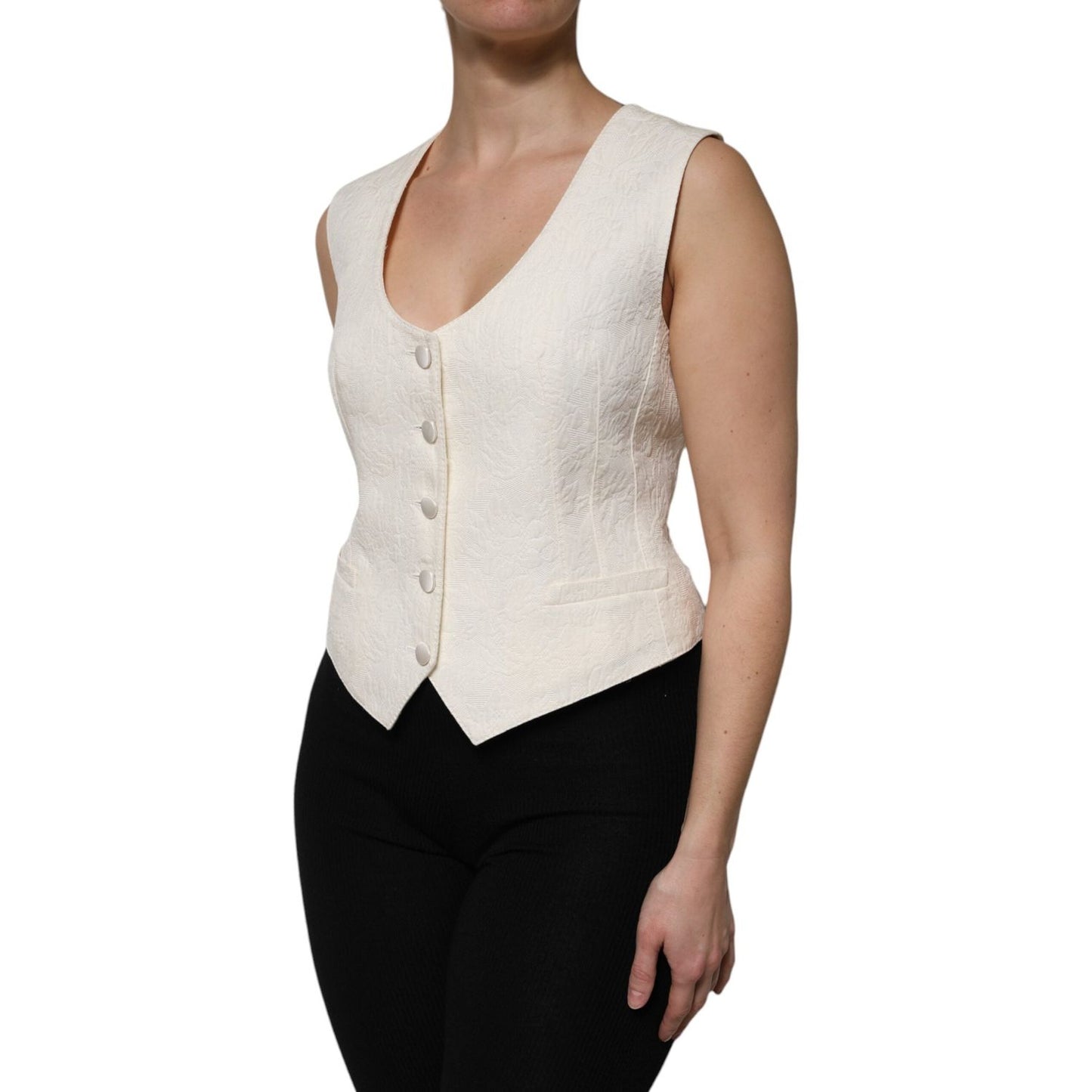 Dolce & Gabbana Ivory Cotton Button Down Sleeveless Vest Top TSH906725-44
