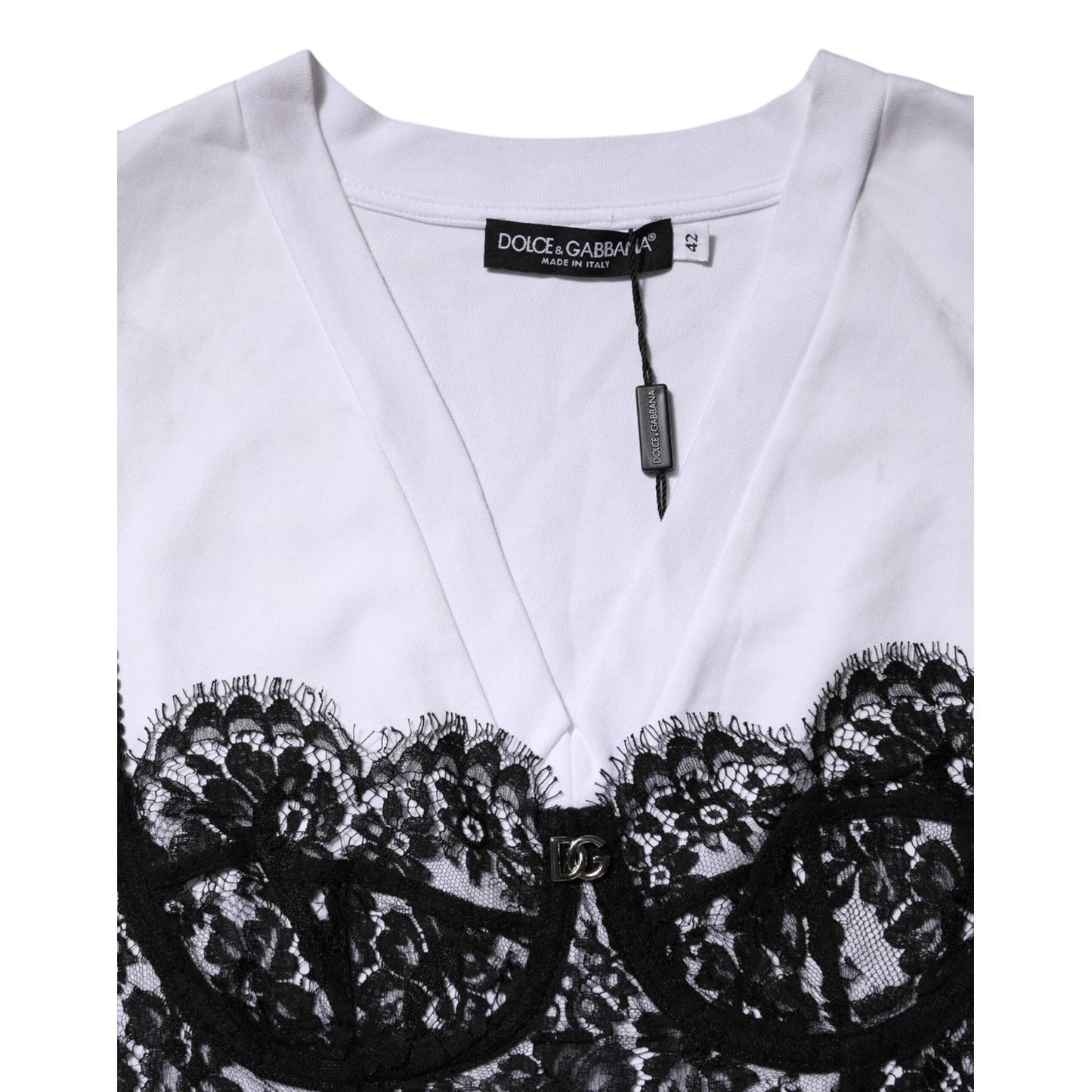 Dolce & Gabbana White Lace Cotton V-Neck Short Sleeves Top TSH87130-42