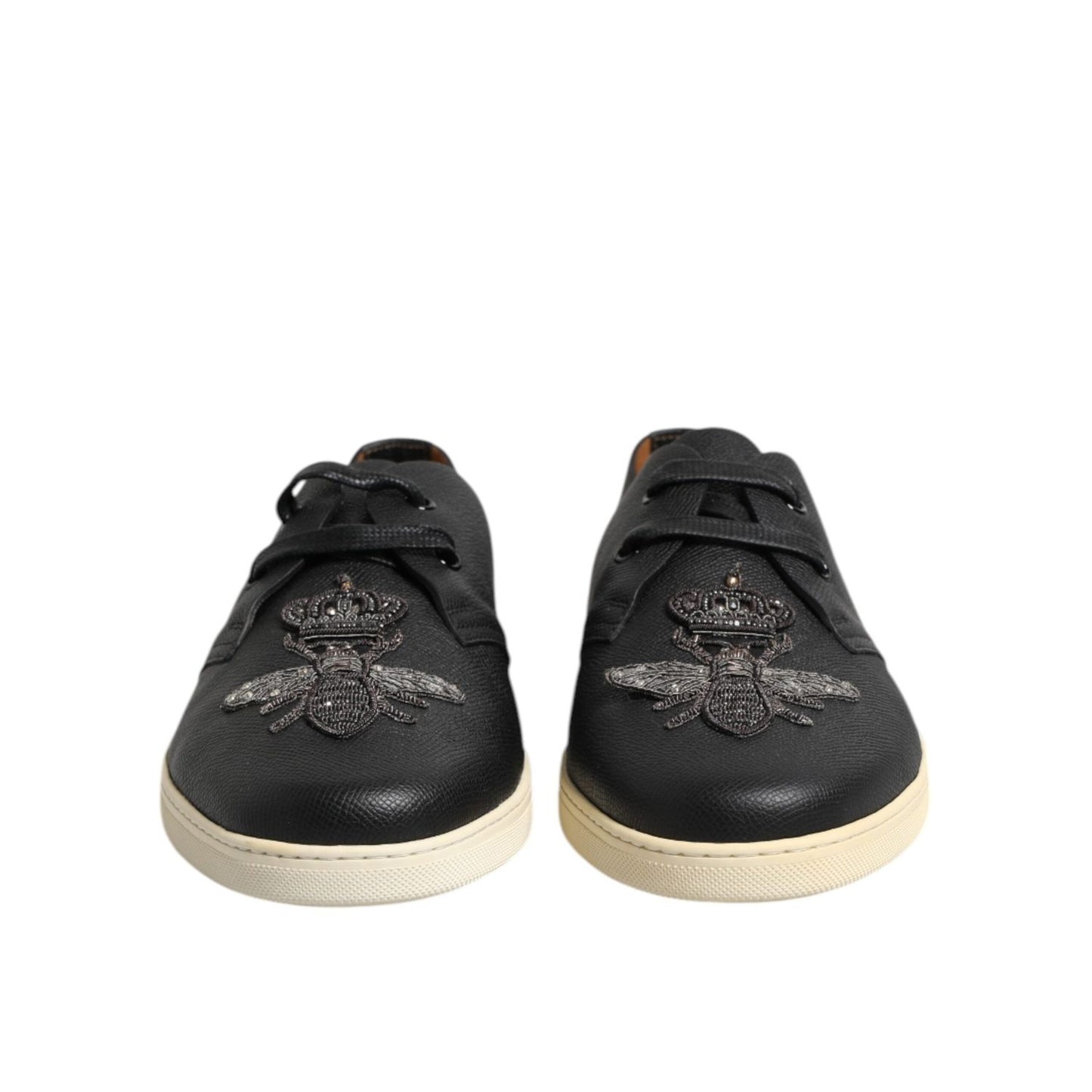 Dolce & Gabbana Black Leather Bee Crown Low Top Sneakers Shoes MV7320-42
