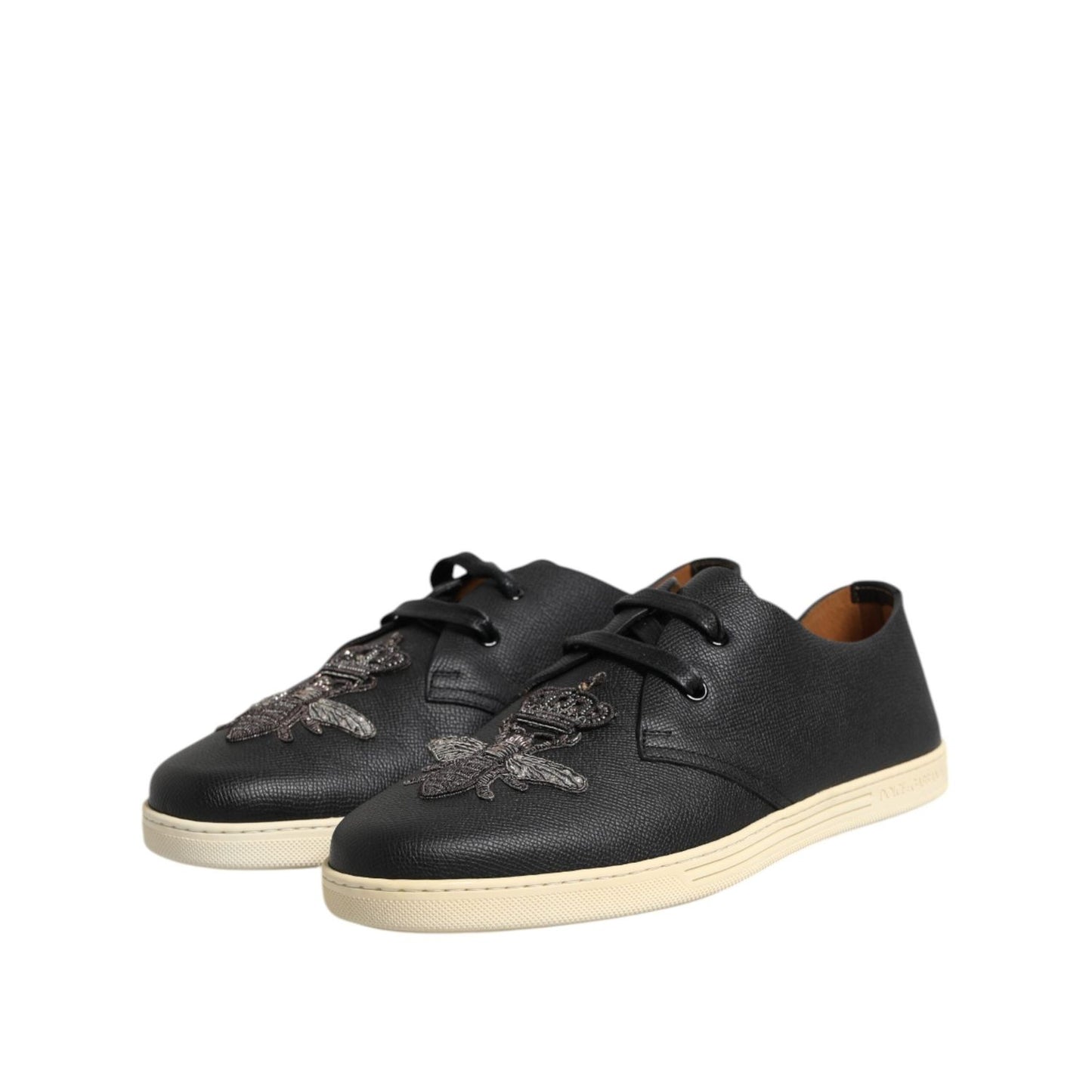 Dolce & Gabbana Black Leather Bee Crown Low Top Sneakers Shoes MV7320-42