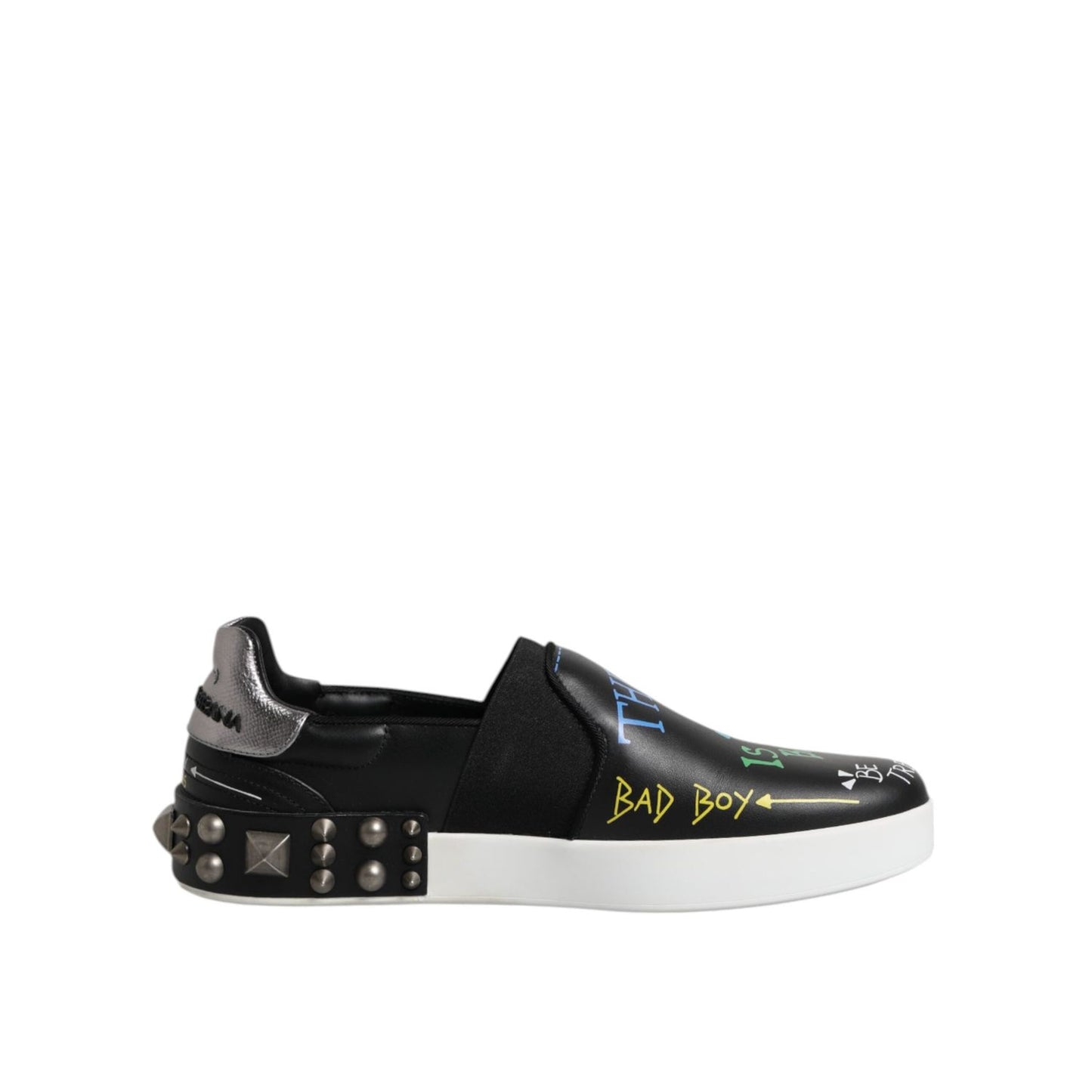 Dolce & Gabbana Black Leather Studded Graffiti Sneakers Shoes MV7322-40