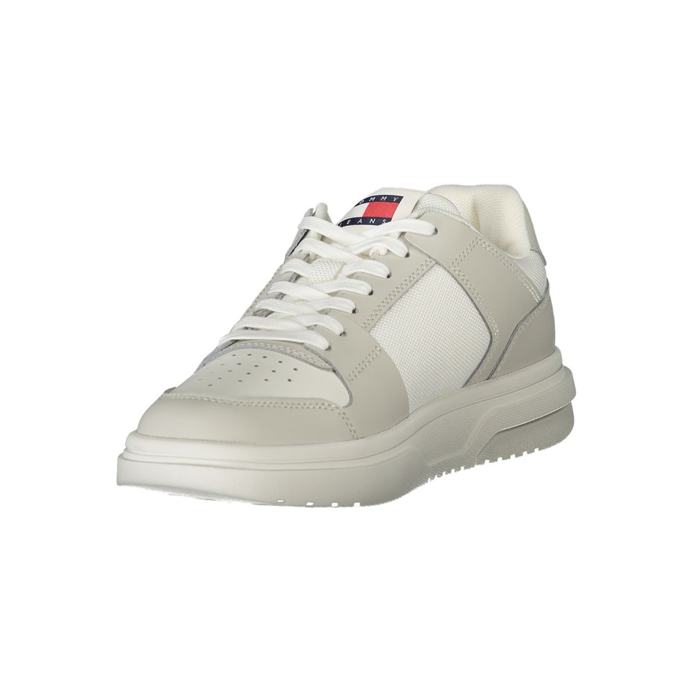 Tommy Hilfiger White Polyester Sneaker with grey details, lace-up design, removable footbed, and logo print.