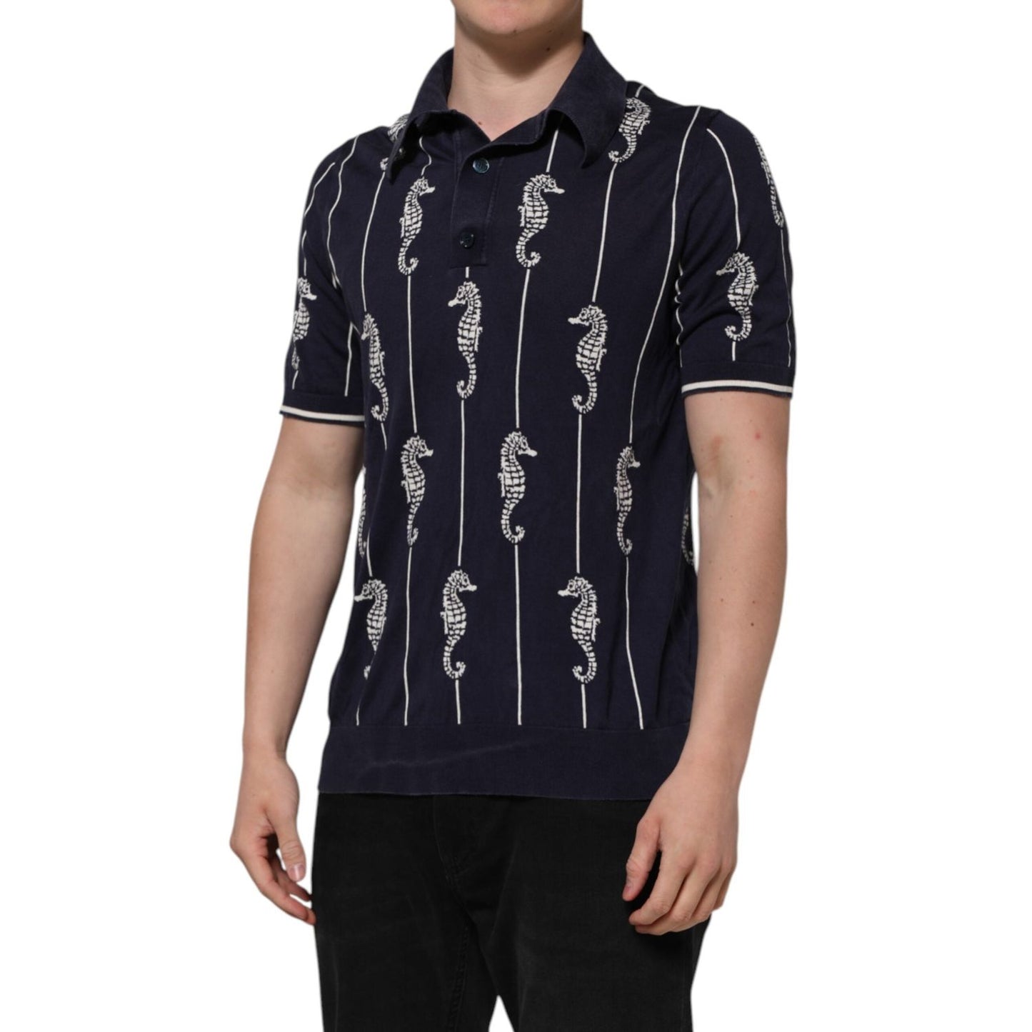Dolce & Gabbana Dark Blue Sea Horse Collared Polo T-shirt TSH906970-56
