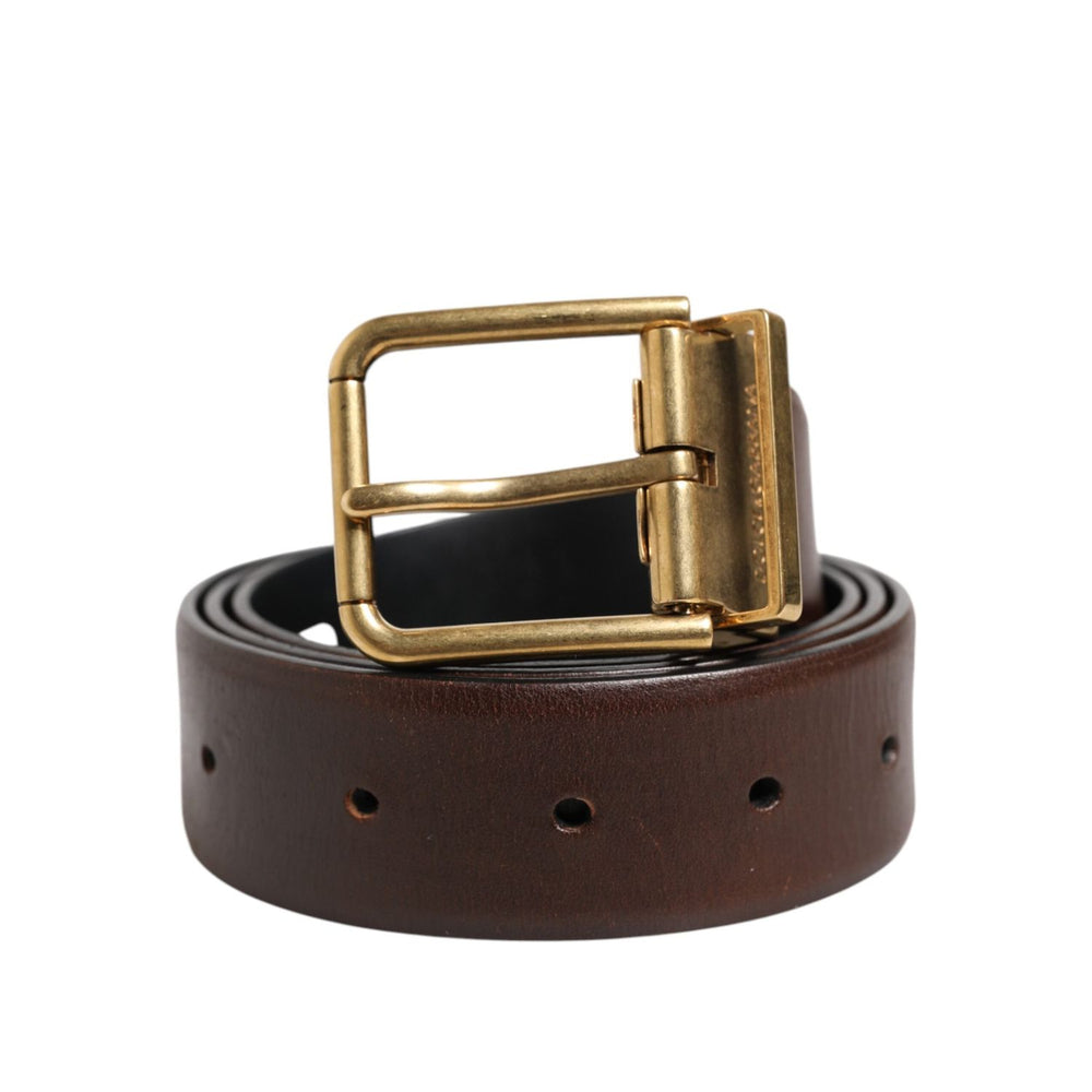 Dolce & Gabbana Brown Classic Gold Metal Logo Buckle Men Belt BEL9303-90